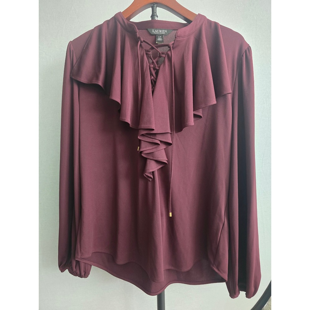 Ralph Lauren Black Label Burgundy Ruffle‎ Lace Up Long Sleeve Blouse Women Large